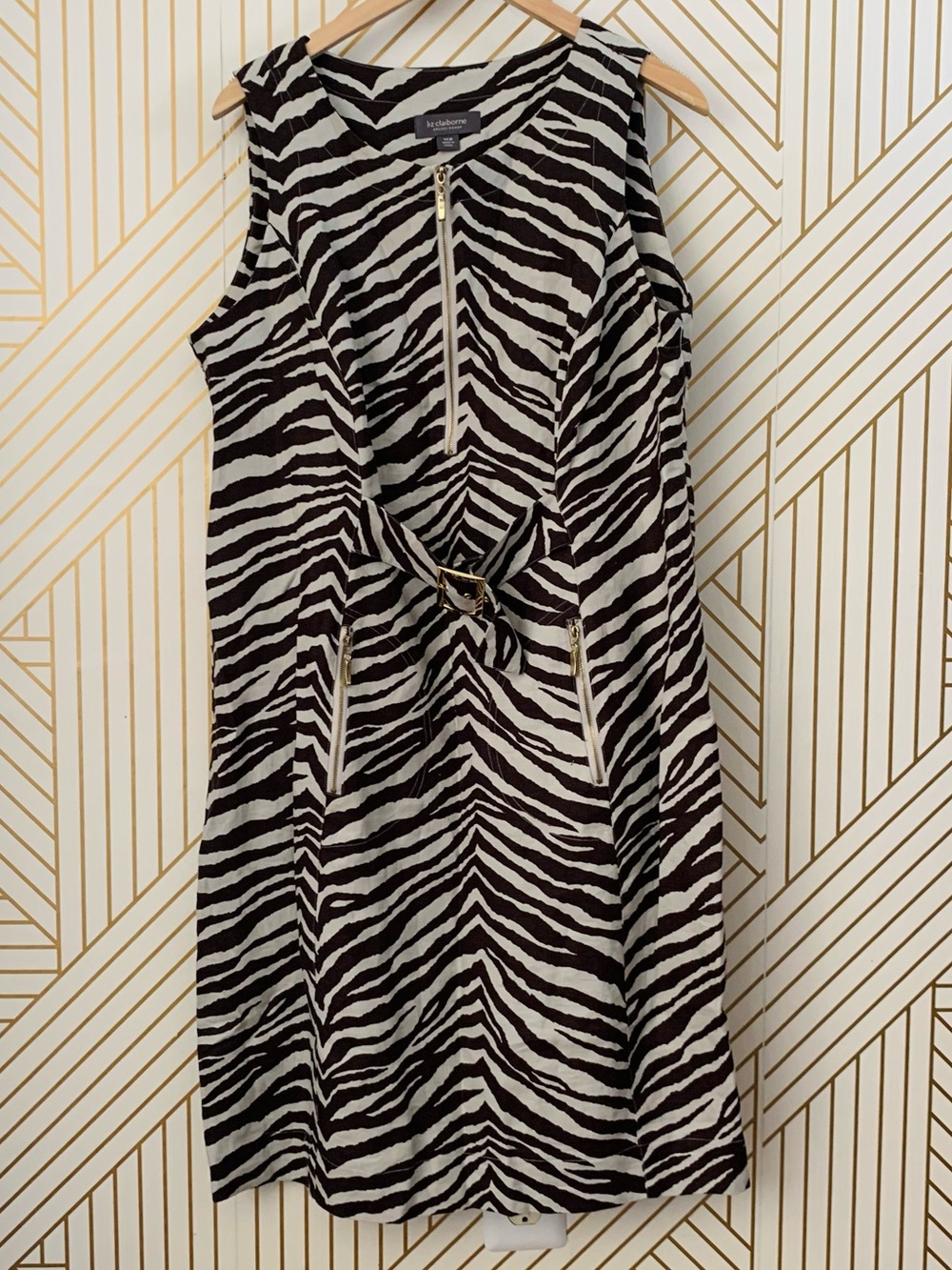 Vintage Liz Claiborne Y2K 100% Linen Zebra Print Dress Retro faux belt gold 14